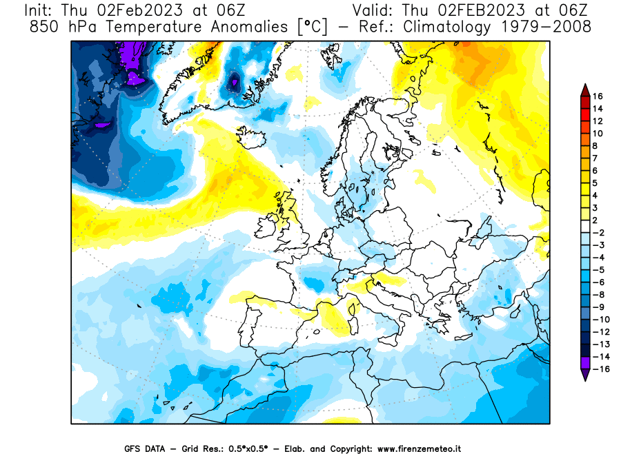 Mappa di analisi GFS - Anomalia Temperatura [°C] a 850 hPa in Europa
							del 02/02/2023 06 <!--googleoff: index-->UTC<!--googleon: index-->