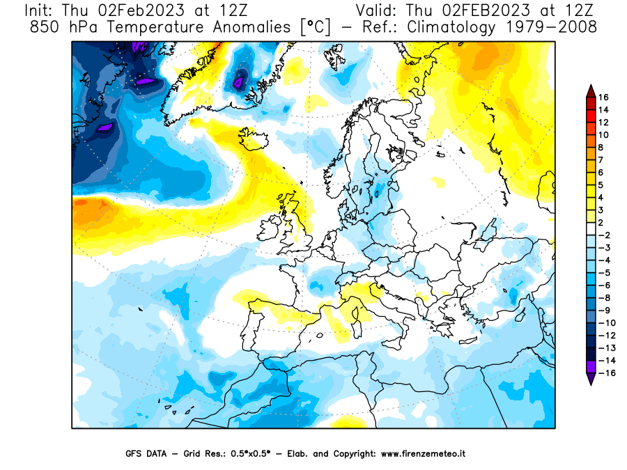 Mappa di analisi GFS - Anomalia Temperatura [°C] a 850 hPa in Europa
							del 02/02/2023 12 <!--googleoff: index-->UTC<!--googleon: index-->