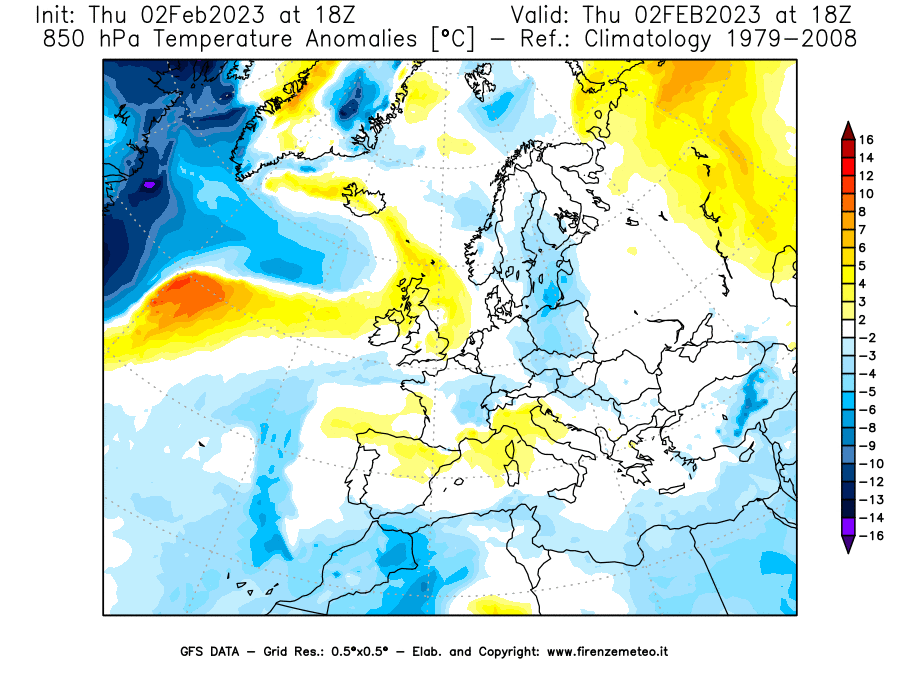 Mappa di analisi GFS - Anomalia Temperatura [°C] a 850 hPa in Europa
							del 02/02/2023 18 <!--googleoff: index-->UTC<!--googleon: index-->