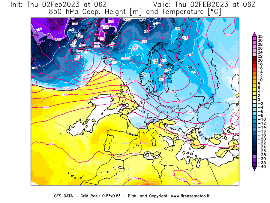 Mappa di analisi GFS - Geopotenziale [m] e Temperatura [°C] a 850 hPa in Europa
							del 02/02/2023 06 <!--googleoff: index-->UTC<!--googleon: index-->