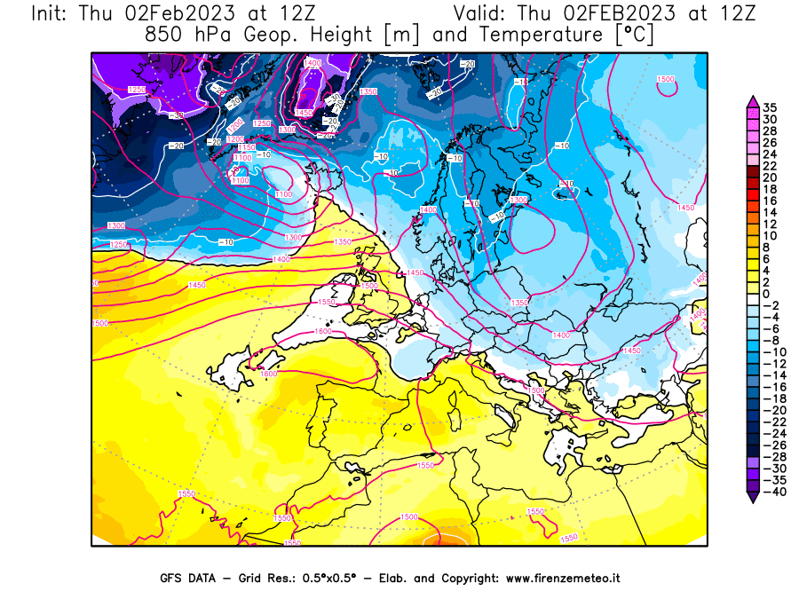 Mappa di analisi GFS - Geopotenziale [m] e Temperatura [°C] a 850 hPa in Europa
							del 02/02/2023 12 <!--googleoff: index-->UTC<!--googleon: index-->