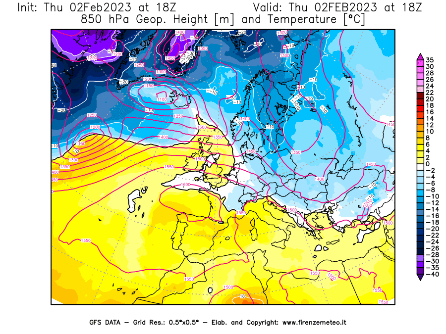 Mappa di analisi GFS - Geopotenziale [m] e Temperatura [°C] a 850 hPa in Europa
							del 02/02/2023 18 <!--googleoff: index-->UTC<!--googleon: index-->