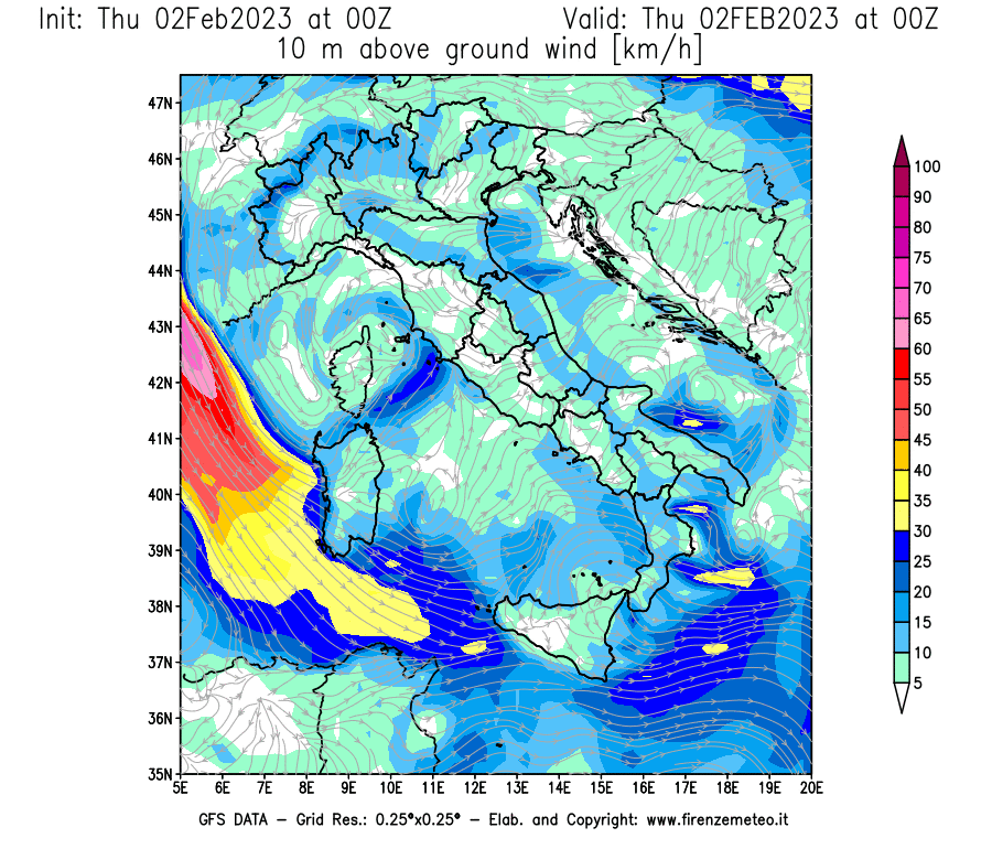 Mappa di analisi GFS - Velocità del vento a 10 metri dal suolo [km/h] in Italia
							del 02/02/2023 00 <!--googleoff: index-->UTC<!--googleon: index-->