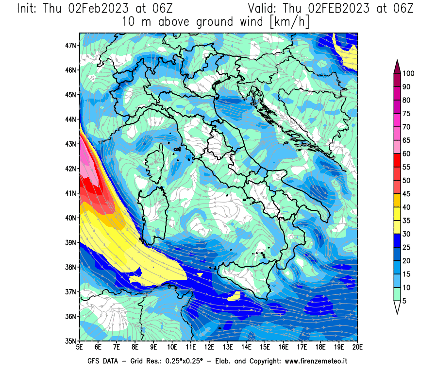 Mappa di analisi GFS - Velocità del vento a 10 metri dal suolo [km/h] in Italia
							del 02/02/2023 06 <!--googleoff: index-->UTC<!--googleon: index-->