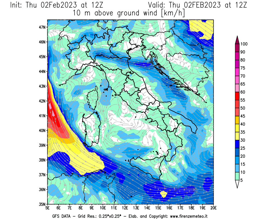 Mappa di analisi GFS - Velocità del vento a 10 metri dal suolo [km/h] in Italia
							del 02/02/2023 12 <!--googleoff: index-->UTC<!--googleon: index-->