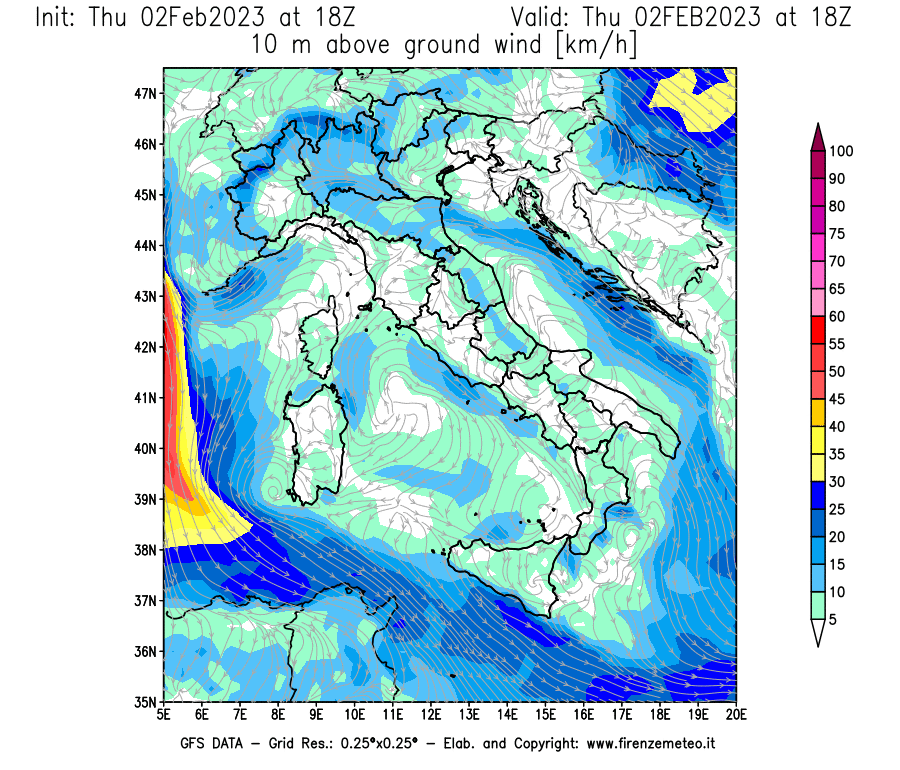 Mappa di analisi GFS - Velocità del vento a 10 metri dal suolo [km/h] in Italia
							del 02/02/2023 18 <!--googleoff: index-->UTC<!--googleon: index-->