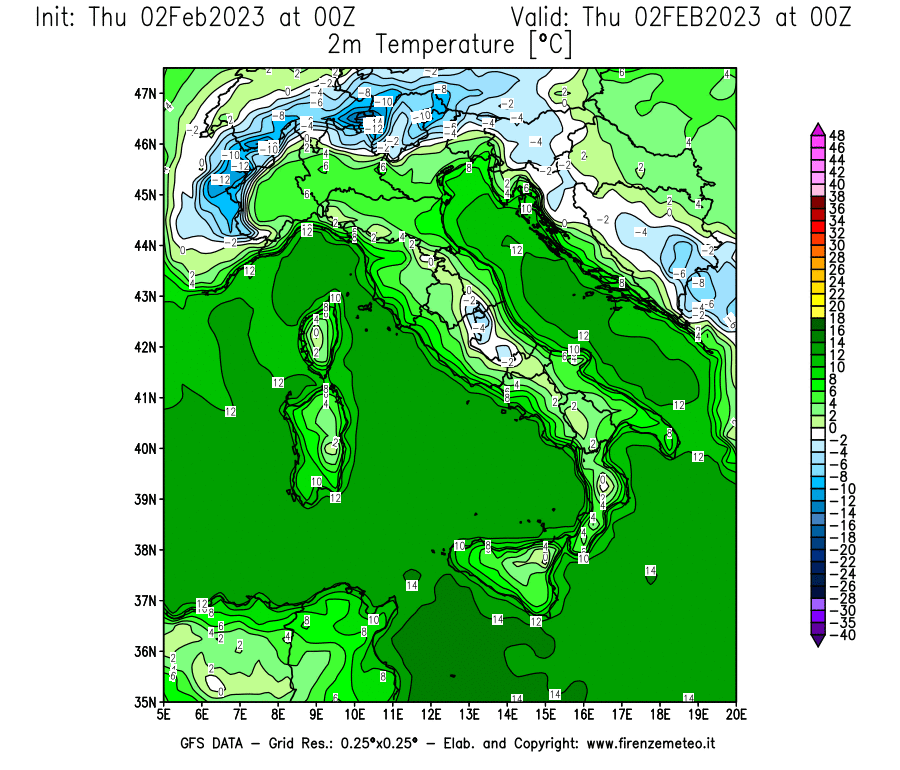 Mappa di analisi GFS - Temperatura a 2 metri dal suolo [°C] in Italia
							del 02/02/2023 00 <!--googleoff: index-->UTC<!--googleon: index-->