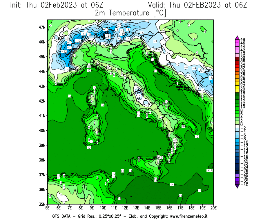 Mappa di analisi GFS - Temperatura a 2 metri dal suolo [°C] in Italia
							del 02/02/2023 06 <!--googleoff: index-->UTC<!--googleon: index-->