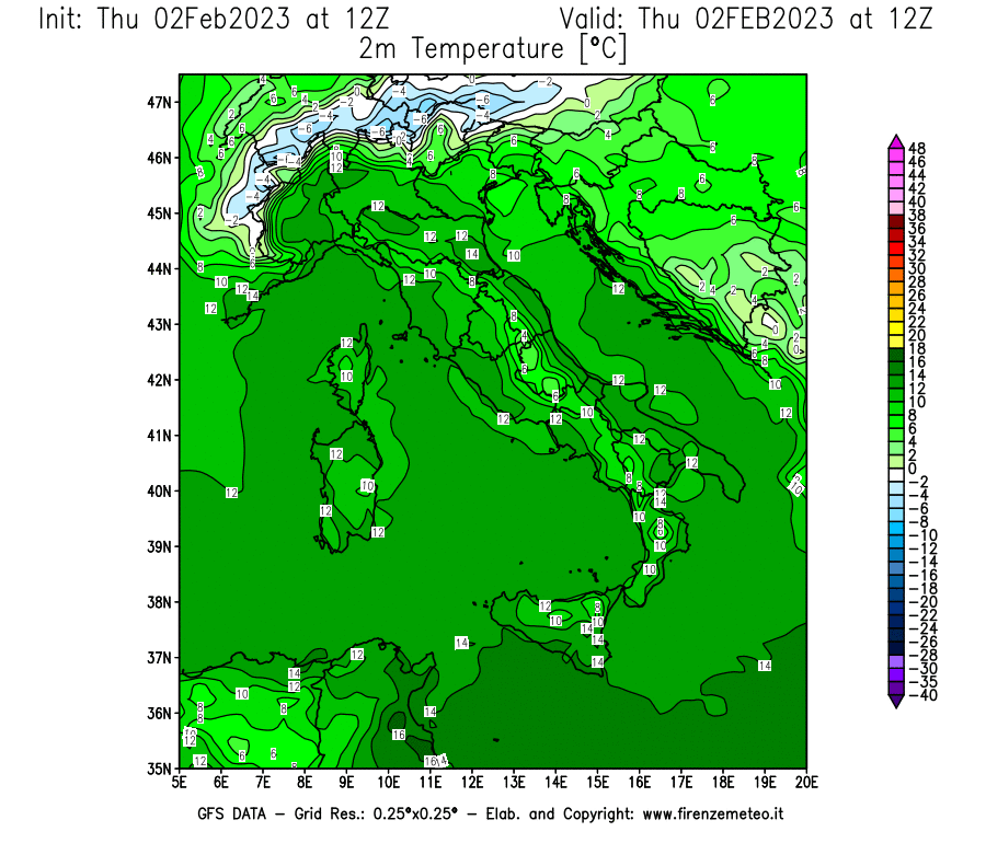 Mappa di analisi GFS - Temperatura a 2 metri dal suolo [°C] in Italia
							del 02/02/2023 12 <!--googleoff: index-->UTC<!--googleon: index-->
