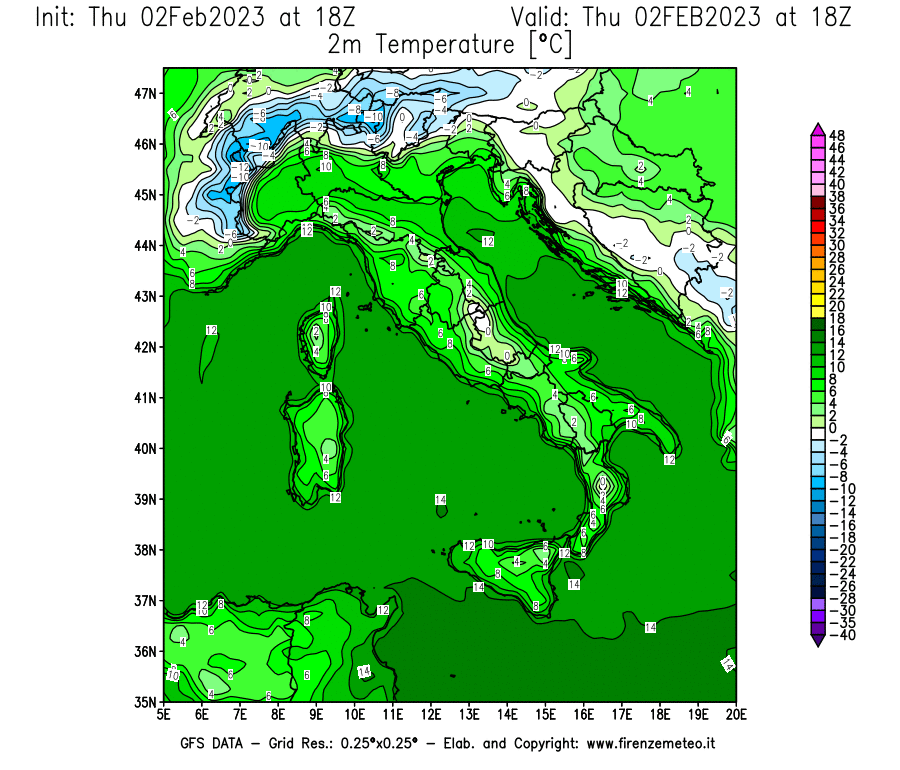 Mappa di analisi GFS - Temperatura a 2 metri dal suolo [°C] in Italia
							del 02/02/2023 18 <!--googleoff: index-->UTC<!--googleon: index-->