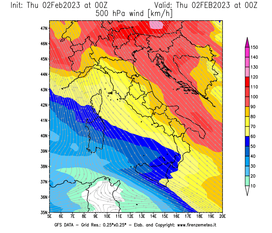 Mappa di analisi GFS - Velocità del vento a 500 hPa [km/h] in Italia
							del 02/02/2023 00 <!--googleoff: index-->UTC<!--googleon: index-->