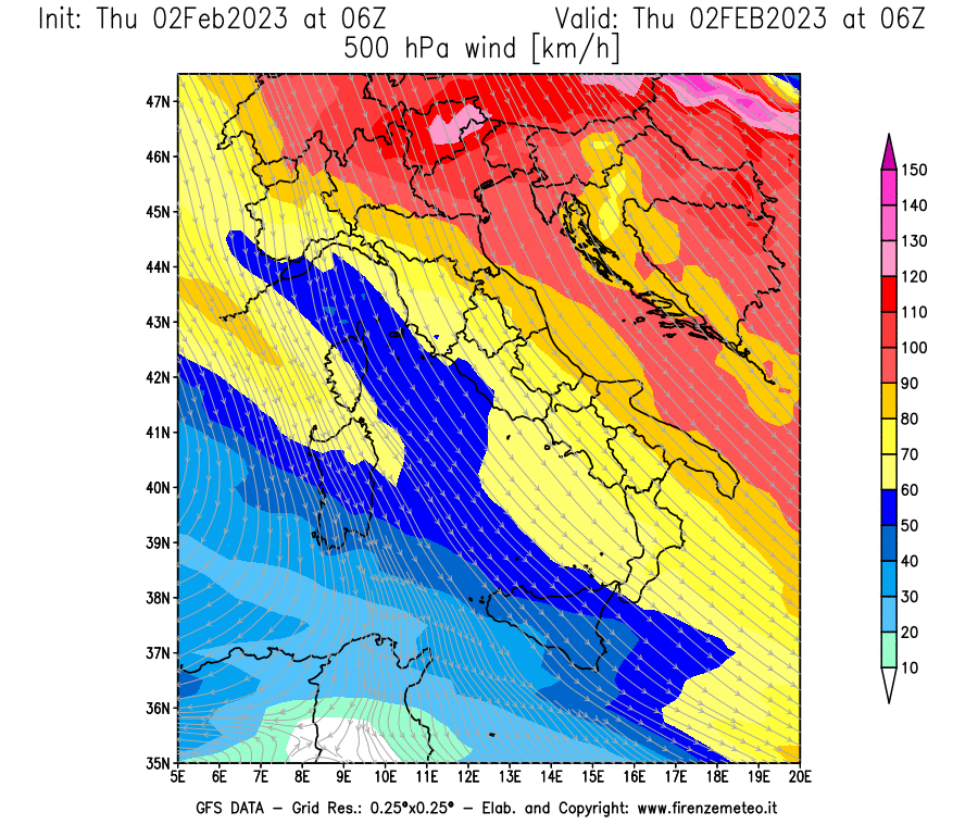 Mappa di analisi GFS - Velocità del vento a 500 hPa [km/h] in Italia
							del 02/02/2023 06 <!--googleoff: index-->UTC<!--googleon: index-->