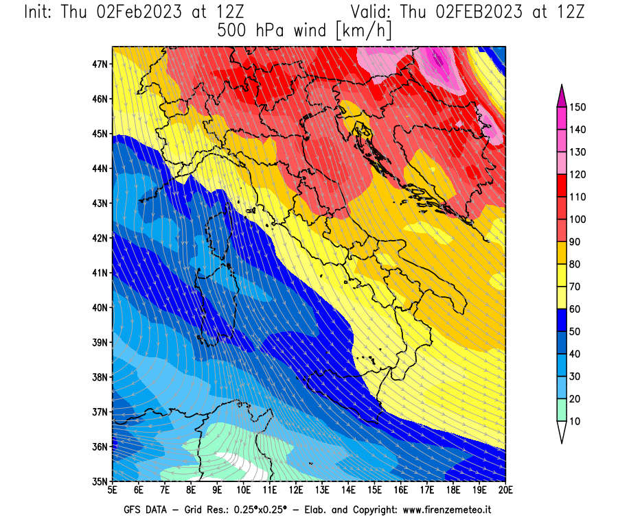 Mappa di analisi GFS - Velocità del vento a 500 hPa [km/h] in Italia
							del 02/02/2023 12 <!--googleoff: index-->UTC<!--googleon: index-->