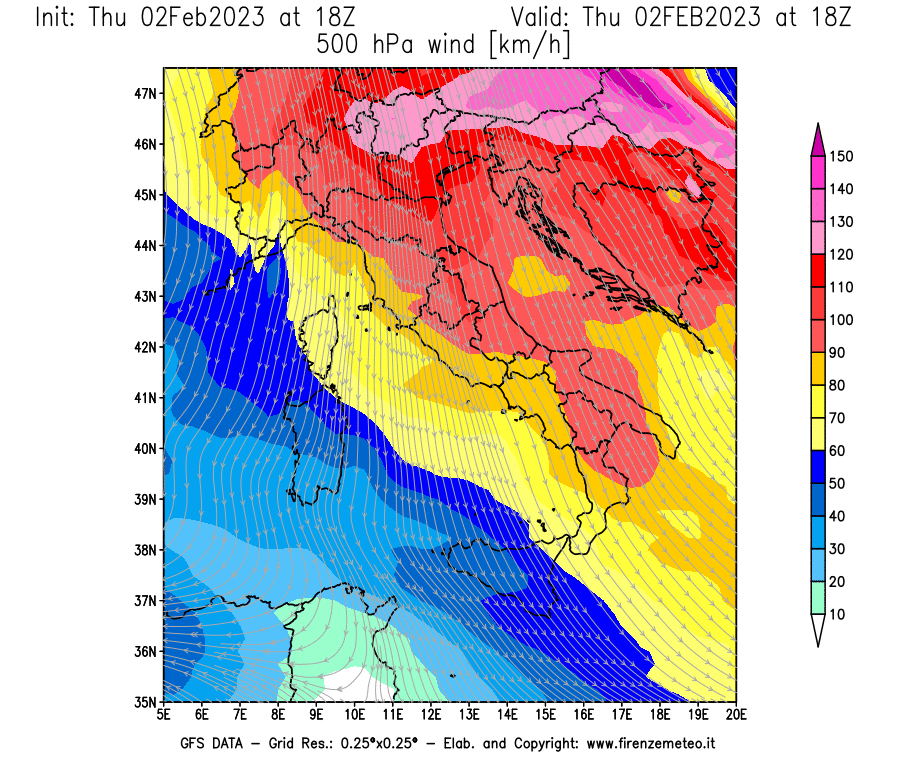 Mappa di analisi GFS - Velocità del vento a 500 hPa [km/h] in Italia
							del 02/02/2023 18 <!--googleoff: index-->UTC<!--googleon: index-->
