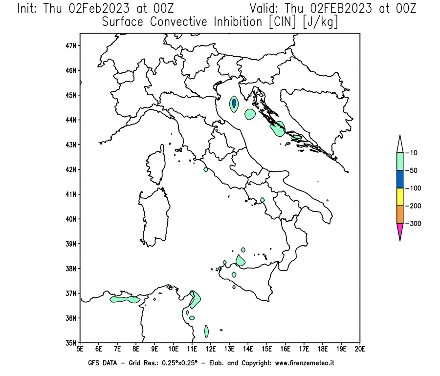 Mappa di analisi GFS - CIN [J/kg] in Italia
							del 02/02/2023 00 <!--googleoff: index-->UTC<!--googleon: index-->