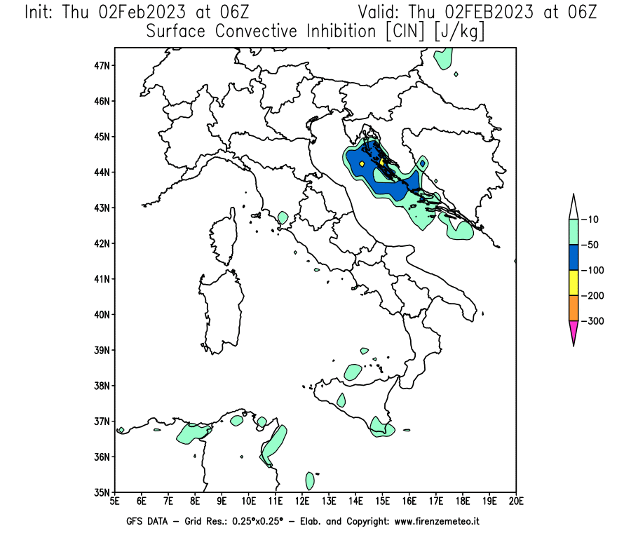 Mappa di analisi GFS - CIN [J/kg] in Italia
							del 02/02/2023 06 <!--googleoff: index-->UTC<!--googleon: index-->