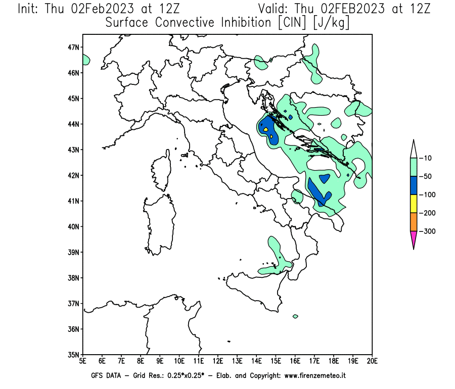 Mappa di analisi GFS - CIN [J/kg] in Italia
							del 02/02/2023 12 <!--googleoff: index-->UTC<!--googleon: index-->