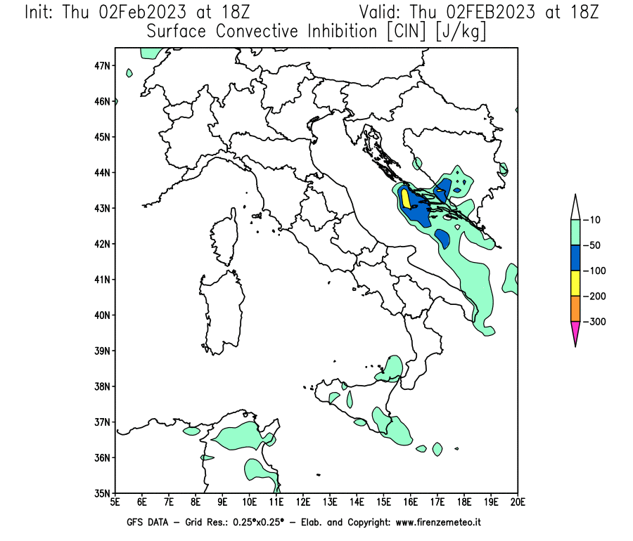 Mappa di analisi GFS - CIN [J/kg] in Italia
							del 02/02/2023 18 <!--googleoff: index-->UTC<!--googleon: index-->