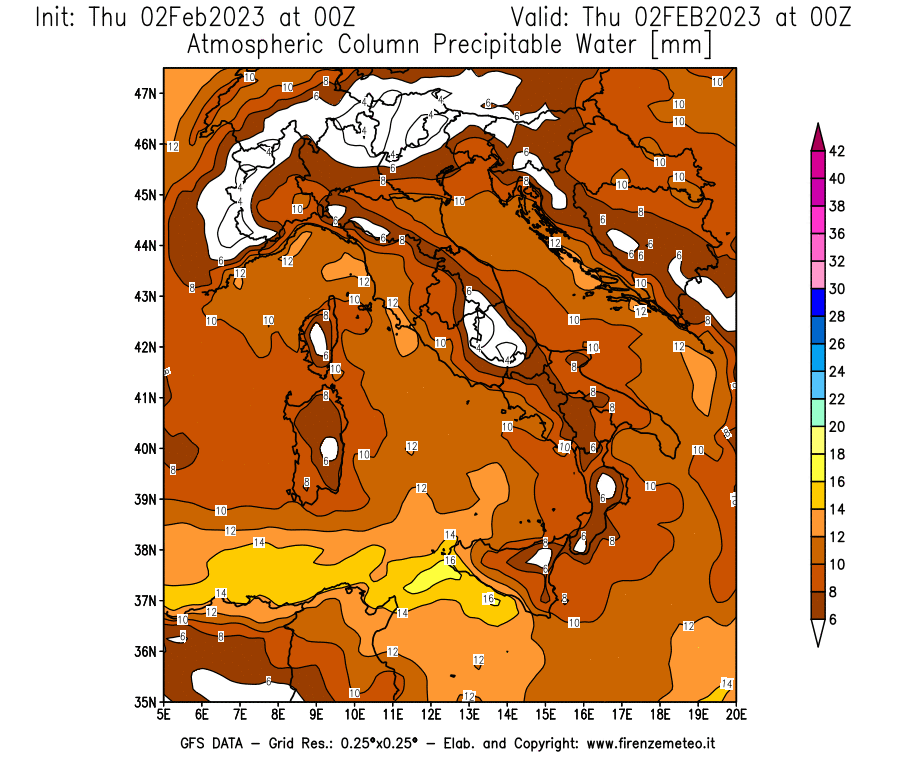 Mappa di analisi GFS - Precipitable Water [mm] in Italia
							del 02/02/2023 00 <!--googleoff: index-->UTC<!--googleon: index-->