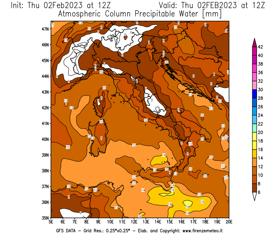 Mappa di analisi GFS - Precipitable Water [mm] in Italia
							del 02/02/2023 12 <!--googleoff: index-->UTC<!--googleon: index-->