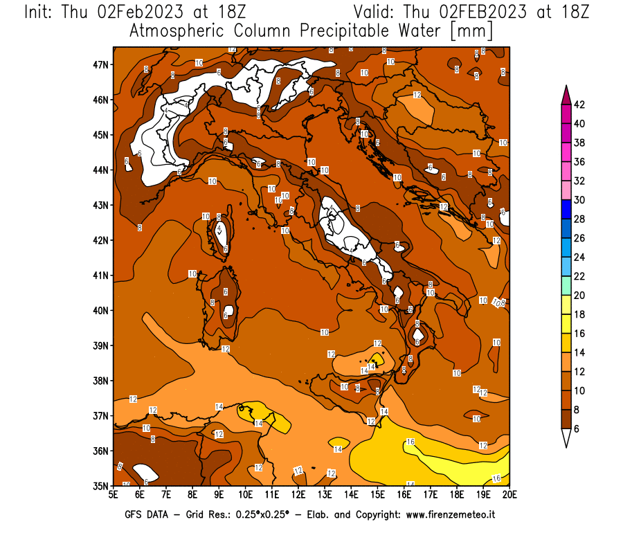 Mappa di analisi GFS - Precipitable Water [mm] in Italia
							del 02/02/2023 18 <!--googleoff: index-->UTC<!--googleon: index-->