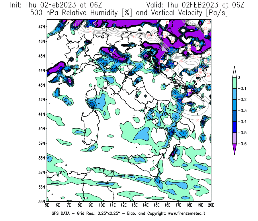 Mappa di analisi GFS - Umidità relativa [%] e Omega [Pa/s] a 500 hPa in Italia
							del 02/02/2023 06 <!--googleoff: index-->UTC<!--googleon: index-->