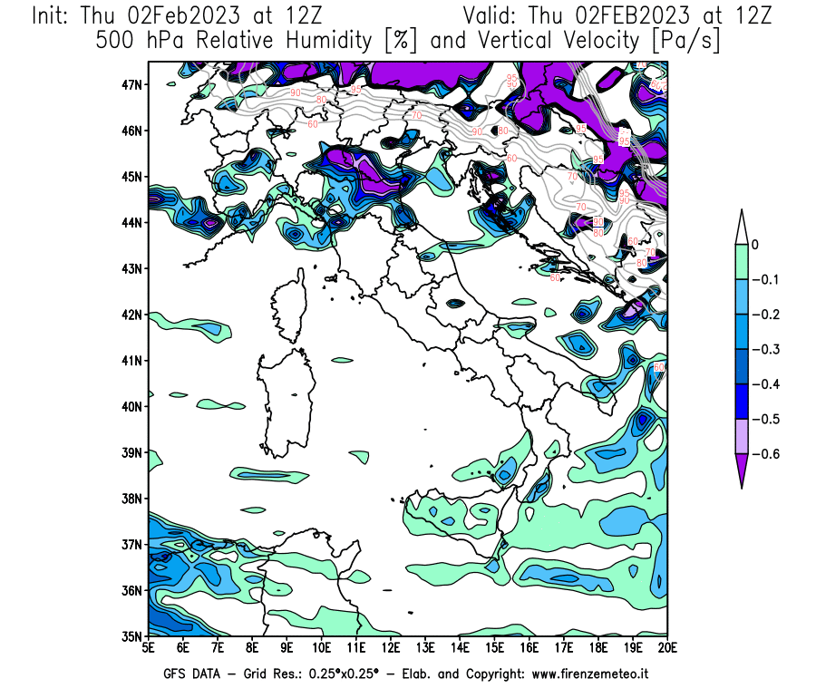 Mappa di analisi GFS - Umidità relativa [%] e Omega [Pa/s] a 500 hPa in Italia
							del 02/02/2023 12 <!--googleoff: index-->UTC<!--googleon: index-->