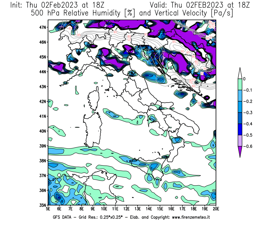 Mappa di analisi GFS - Umidità relativa [%] e Omega [Pa/s] a 500 hPa in Italia
							del 02/02/2023 18 <!--googleoff: index-->UTC<!--googleon: index-->