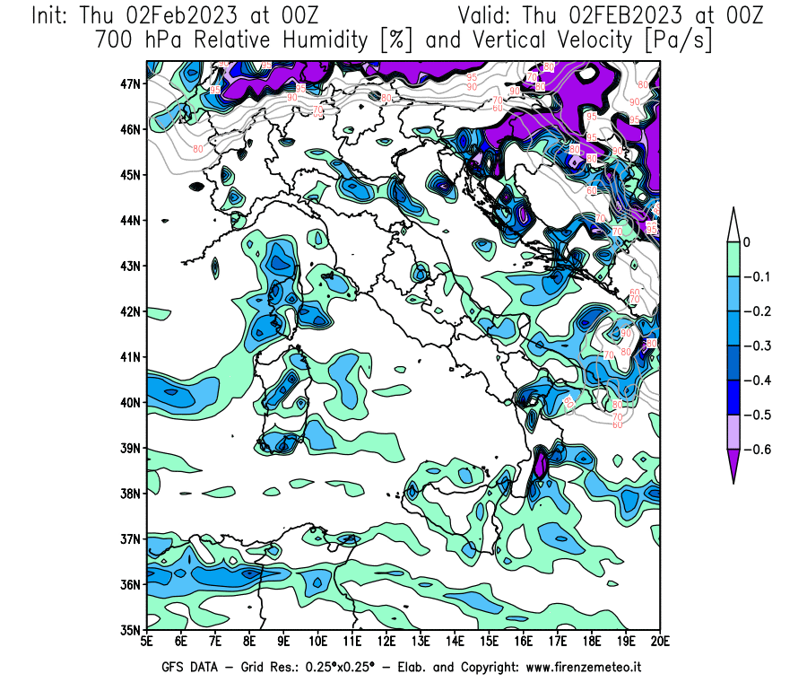 Mappa di analisi GFS - Umidità relativa [%] e Omega [Pa/s] a 700 hPa in Italia
							del 02/02/2023 00 <!--googleoff: index-->UTC<!--googleon: index-->