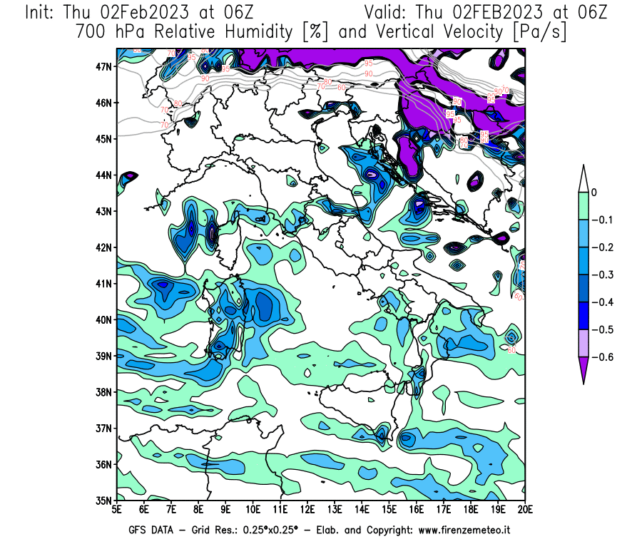 Mappa di analisi GFS - Umidità relativa [%] e Omega [Pa/s] a 700 hPa in Italia
							del 02/02/2023 06 <!--googleoff: index-->UTC<!--googleon: index-->