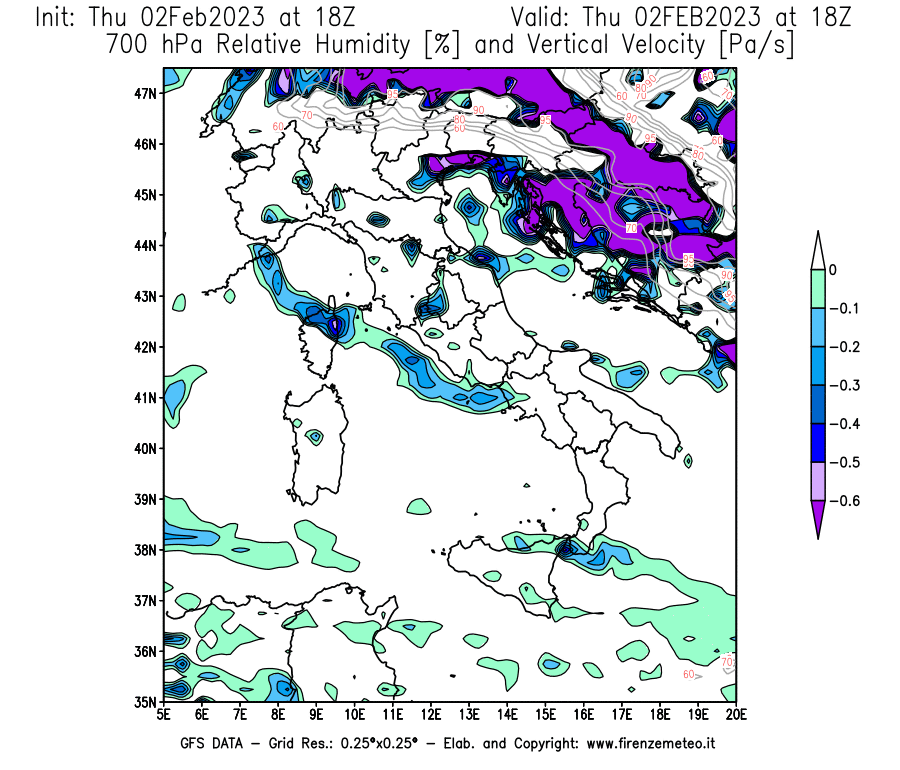 Mappa di analisi GFS - Umidità relativa [%] e Omega [Pa/s] a 700 hPa in Italia
							del 02/02/2023 18 <!--googleoff: index-->UTC<!--googleon: index-->
