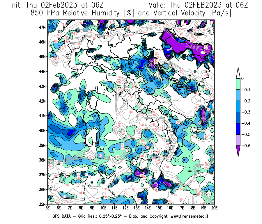Mappa di analisi GFS - Umidità relativa [%] e Omega [Pa/s] a 850 hPa in Italia
							del 02/02/2023 06 <!--googleoff: index-->UTC<!--googleon: index-->