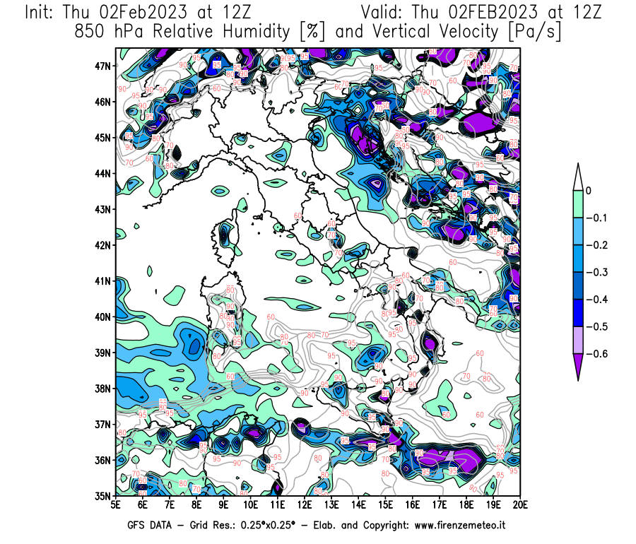 Mappa di analisi GFS - Umidità relativa [%] e Omega [Pa/s] a 850 hPa in Italia
							del 02/02/2023 12 <!--googleoff: index-->UTC<!--googleon: index-->