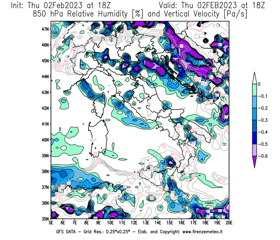 Mappa di analisi GFS - Umidità relativa [%] e Omega [Pa/s] a 850 hPa in Italia
							del 02/02/2023 18 <!--googleoff: index-->UTC<!--googleon: index-->
