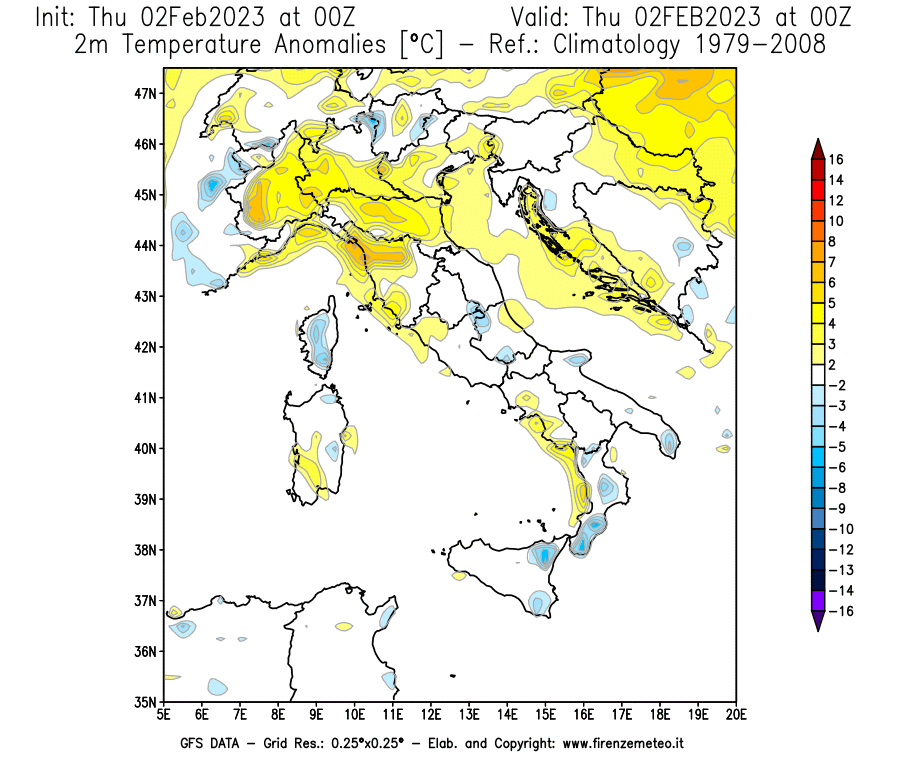 Mappa di analisi GFS - Anomalia Temperatura [°C] a 2 m in Italia
							del 02/02/2023 00 <!--googleoff: index-->UTC<!--googleon: index-->
