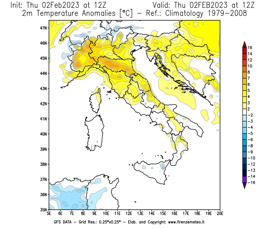 Mappa di analisi GFS - Anomalia Temperatura [°C] a 2 m in Italia
							del 02/02/2023 12 <!--googleoff: index-->UTC<!--googleon: index-->