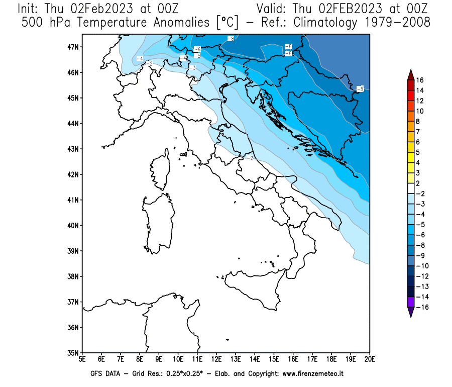 Mappa di analisi GFS - Anomalia Temperatura [°C] a 500 hPa in Italia
							del 02/02/2023 00 <!--googleoff: index-->UTC<!--googleon: index-->
