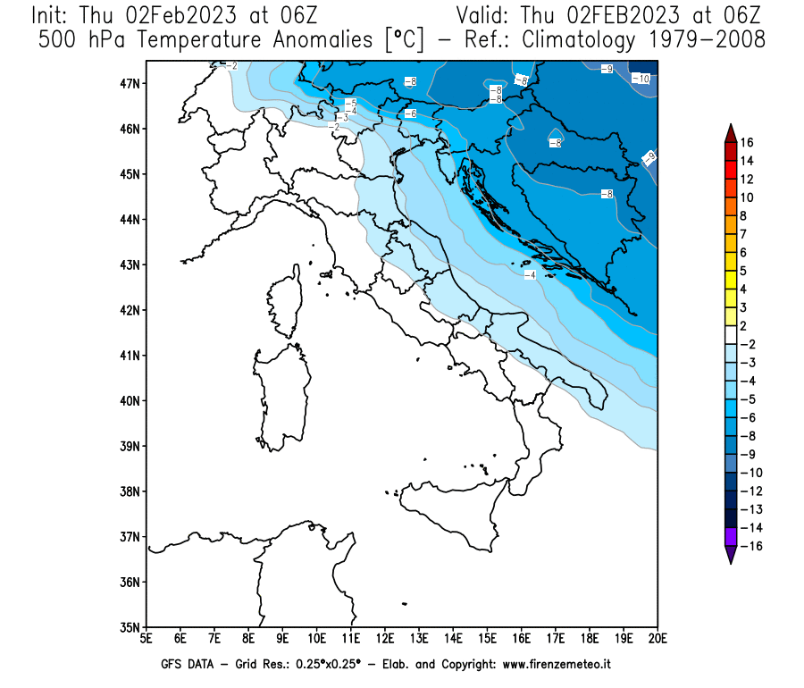 Mappa di analisi GFS - Anomalia Temperatura [°C] a 500 hPa in Italia
							del 02/02/2023 06 <!--googleoff: index-->UTC<!--googleon: index-->