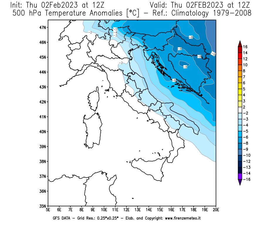 Mappa di analisi GFS - Anomalia Temperatura [°C] a 500 hPa in Italia
							del 02/02/2023 12 <!--googleoff: index-->UTC<!--googleon: index-->