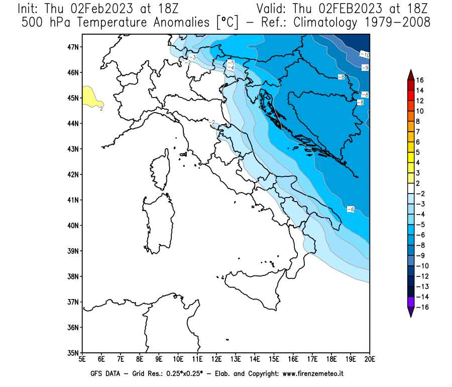 Mappa di analisi GFS - Anomalia Temperatura [°C] a 500 hPa in Italia
							del 02/02/2023 18 <!--googleoff: index-->UTC<!--googleon: index-->