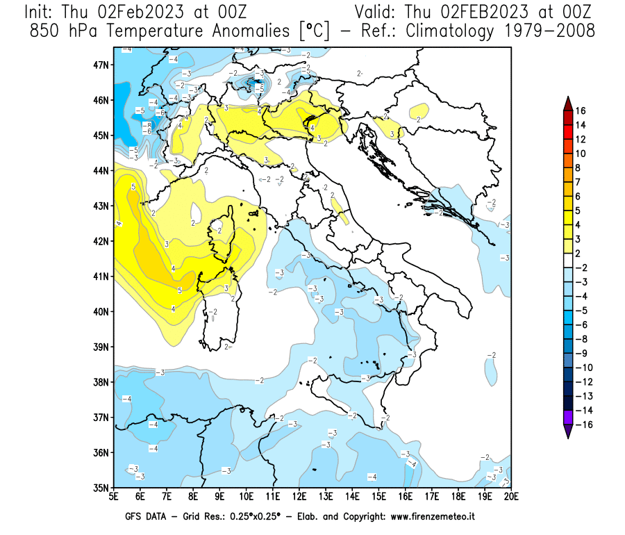 Mappa di analisi GFS - Anomalia Temperatura [°C] a 850 hPa in Italia
							del 02/02/2023 00 <!--googleoff: index-->UTC<!--googleon: index-->
