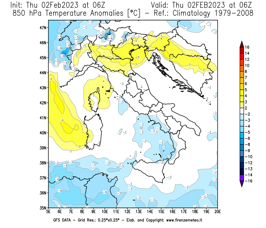 Mappa di analisi GFS - Anomalia Temperatura [°C] a 850 hPa in Italia
							del 02/02/2023 06 <!--googleoff: index-->UTC<!--googleon: index-->