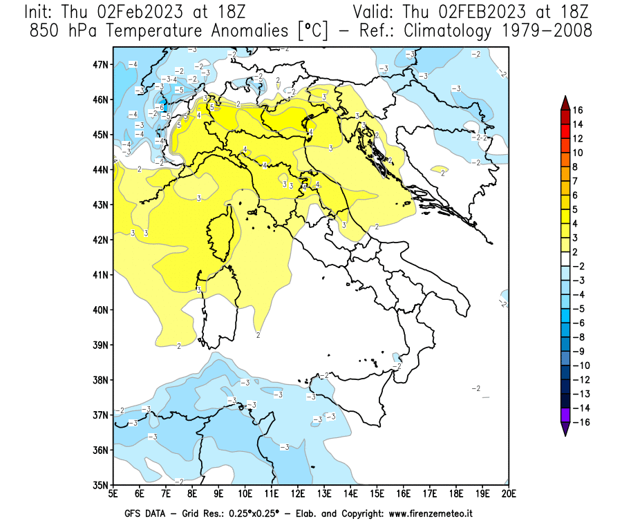 Mappa di analisi GFS - Anomalia Temperatura [°C] a 850 hPa in Italia
							del 02/02/2023 18 <!--googleoff: index-->UTC<!--googleon: index-->
