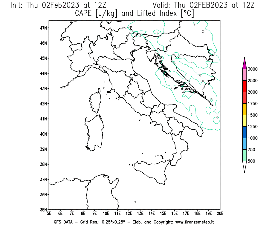 Mappa di analisi GFS - CAPE [J/kg] e Lifted Index [°C] in Italia
							del 02/02/2023 12 <!--googleoff: index-->UTC<!--googleon: index-->
