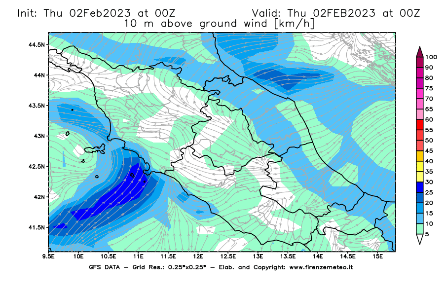 Mappa di analisi GFS - Velocità del vento a 10 metri dal suolo [km/h] in Centro-Italia
							del 02/02/2023 00 <!--googleoff: index-->UTC<!--googleon: index-->