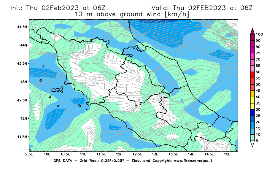 Mappa di analisi GFS - Velocità del vento a 10 metri dal suolo [km/h] in Centro-Italia
							del 02/02/2023 06 <!--googleoff: index-->UTC<!--googleon: index-->