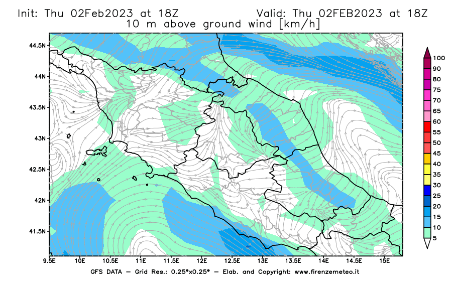 Mappa di analisi GFS - Velocità del vento a 10 metri dal suolo [km/h] in Centro-Italia
							del 02/02/2023 18 <!--googleoff: index-->UTC<!--googleon: index-->