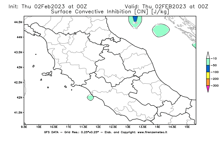 Mappa di analisi GFS - CIN [J/kg] in Centro-Italia
							del 02/02/2023 00 <!--googleoff: index-->UTC<!--googleon: index-->