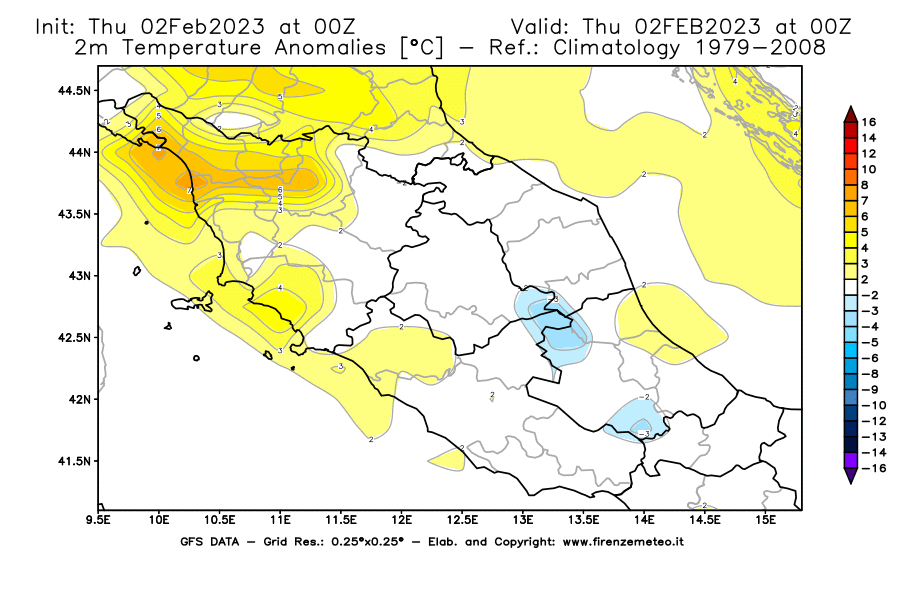 Mappa di analisi GFS - Anomalia Temperatura [°C] a 2 m in Centro-Italia
							del 02/02/2023 00 <!--googleoff: index-->UTC<!--googleon: index-->