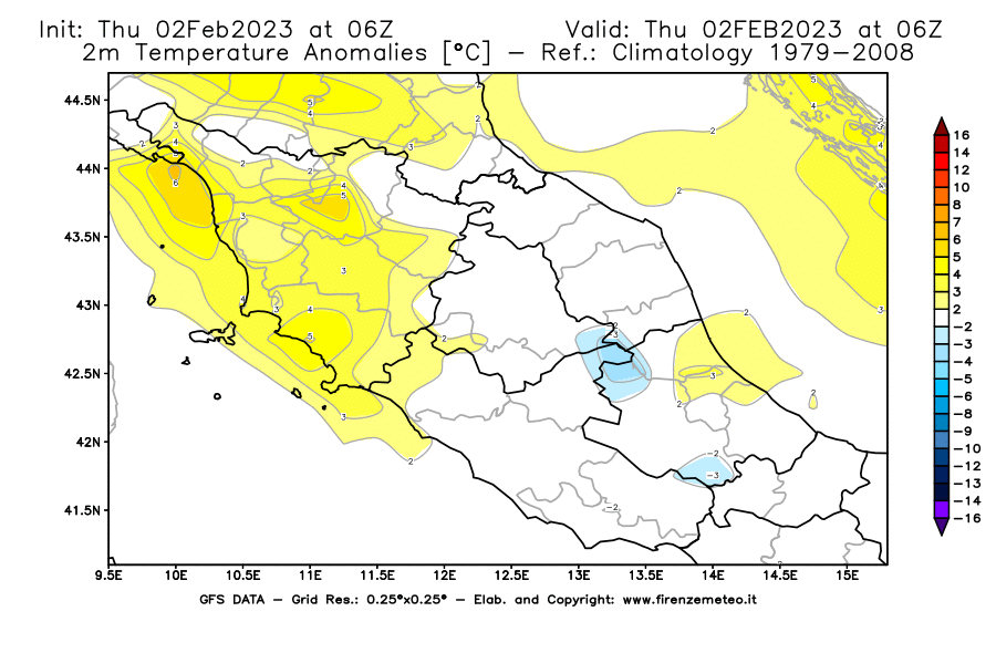 Mappa di analisi GFS - Anomalia Temperatura [°C] a 2 m in Centro-Italia
							del 02/02/2023 06 <!--googleoff: index-->UTC<!--googleon: index-->